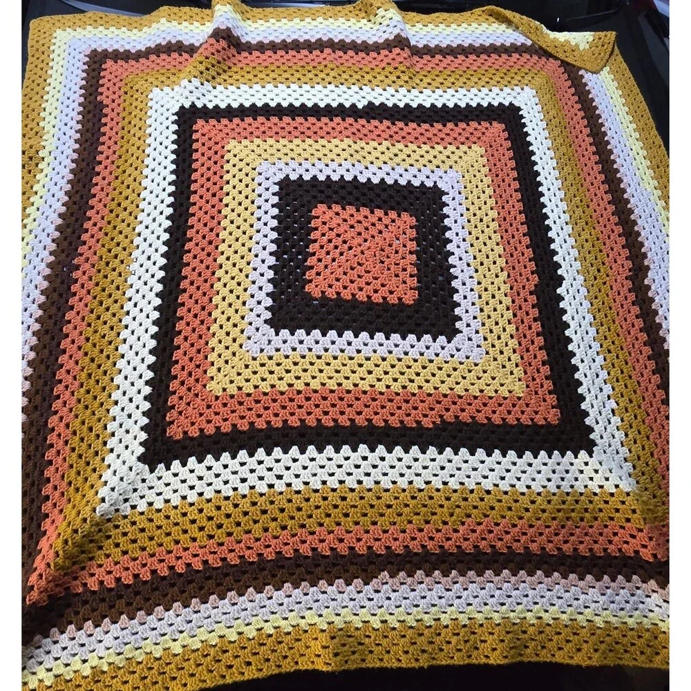 Vintage Crochet Afghan 38x36”  GRANNY SQUARE Sofa Throw Blanket USA Handmade